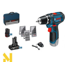 Комплект з шуруповерта Bosch GSR 12V-15 + 2 акумулятора: на 2 Аг і на 4 Аг + набір біт і свердел 39