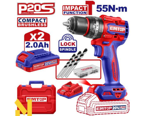 Дриль-шуруповерт ударний акумуляторний EMTOP ECIDL20558