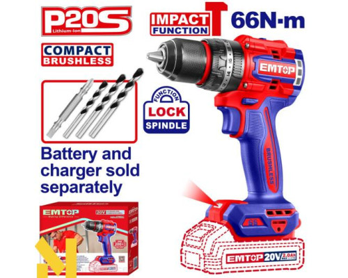 Дриль-шуруповерт акумуляторний EMTOP ECIDL206681 (без АКБ та ЗП)