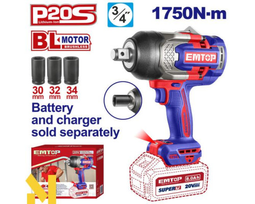 Гайковерт акумуляторний ударний EMTOP ECIWL20175