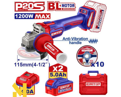 Шліфувальна машина бездротова кутова EMTOP ELAG2120252